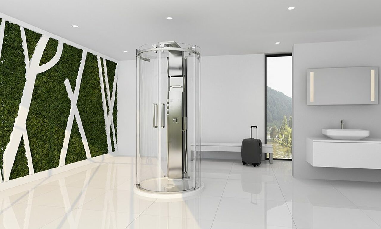 Bellini Freestanding Round, Rolling Shower Door, Chrome 42